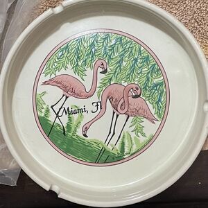 Vintage 1991 Miami Florida White Ceramic Ashtray Coaster Pink Flamingos